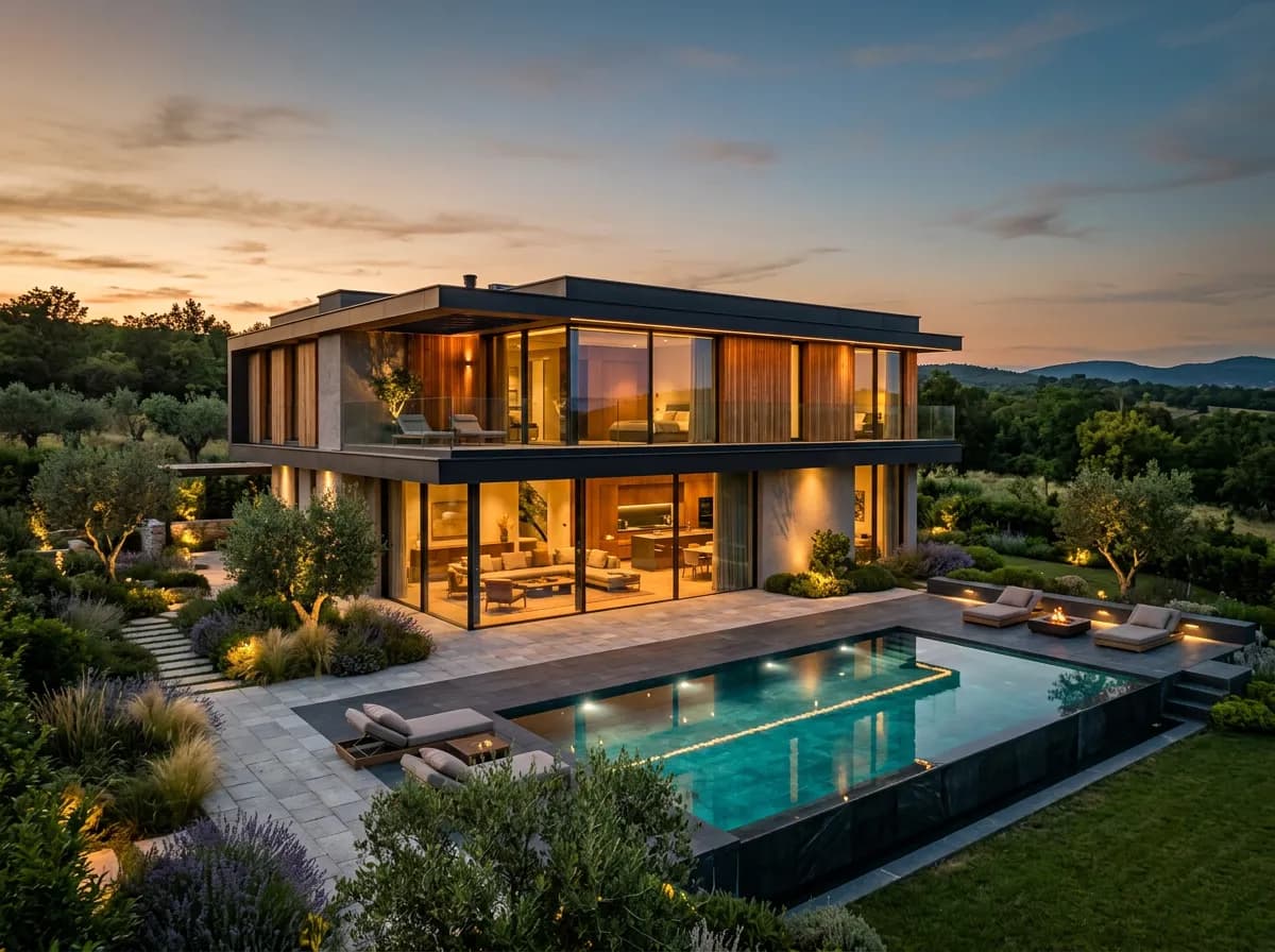 Havuzlu villa akşam render'ı